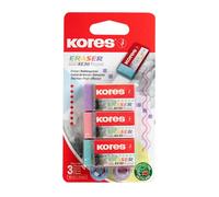 Kores - KE-30 Pastel: Borradores de PVC con funda de papel para niños, estudiantes y adultos, no tóxico y apto para niños, material escolar y de oficina, 40 x 21 x 10 mm, paquete de 3 en colores