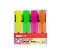 Kores - Bright Liner Plus: rotuladores fluorescentes, punta biselada y tinta a base de agua, forma ergonómica, material escolar y de oficina, juego de 4 colores surtidos