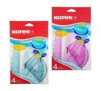 Kores Juego de geometría Geo15 – 4 piezas: regla, transportador y triángulo, colores surtidos