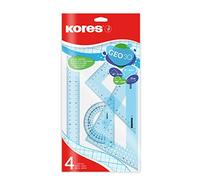 Kores - Juego de geometría en varios colores - GEO30 - Juego de transportador, triángulo y regla - Suministros de regreso a clases, juegos de geometría, regla escolar - 4 piezas en bolsa de plástico