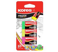 Kores - KE-30: Borradores de PVC con funda de papel para niños, estudiantes y adultos, no tóxicos y aptos para niños, material escolar y de oficina, 40 x 21 x 10 mm, paquete de 3 en colores neón