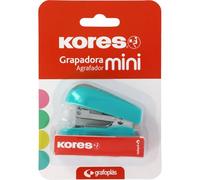 Kores - Mini Grapadora Turquesa + 1000 Grapas 24/6, Compatible con 26/6, Capacidad 12 Hojas Papel 80g, 6x4,5x3cm, Distancia Grapado 17mm, Ideal como Material de Oficina, Perfecto para Estuche Escolar