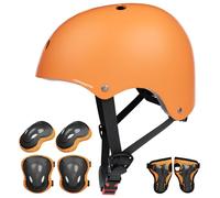 KORIMEFA Casco Infantil Equipo de Protección Patinete con Casco Adjustable certificación Coderas para Bicicleta Monopatín y Deportes Extremoscon de 3 a 13 años (s, Naranja)
