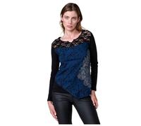 Koroshi Camiseta Azul de Manga Larga de Algodón Bicolor con Encaje y Estampado Cachemira para Mujer, de Color Azul, Talla XL