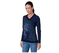 Koroshi Camiseta Azul Mujer algodón Cuello Pico con Bordado Floral y Estampado, de Color Azul, Talla XS