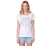Koroshi Camiseta de Manga Corta y Cuello Redondo con Leopardo de Brillos y Logo Frontal para Mujer de Color Blanco, de Color Blanco, Talla XS