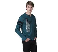Koroshi Camiseta Hombre Manga Larga Estampada Cuello con Abertura, Color Petroleo/Dark Green, Talla L