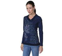 Koroshi Camiseta Mujer algodón Cuello Pico con Bordado Floral y Estampado, de Color Azul/Blue, Talla M