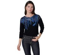 Koroshi Camiseta Mujer Manga Larga con Estampado de Plumas y Foil, de Color Black, Talla L