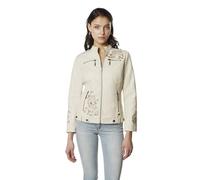 Koroshi Cazadora Chaqueta Biker Mujer Efecto Piel Crudo Bordado, color CRUDO/OFF-WHITE, Talla S
