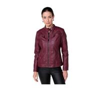 Koroshi Chaqueta biker de mujer en efecto piel granate, cuello mao, cierre frontal con cremallera metálica y bolsillos decorativos., de color GRANATE, Talla S