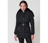 Koroshi Chaqueta de mujer acolchada en color negro con capucha de detalle abierto, forro combinado y cierre metálico.