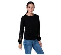 Koroshi Jersey de Mujer Negro de Punto Liso, Manga Larga abullonada, Encaje Floral Calado en Mangas y Placa metálica bajo., de Color Negro, Talla L