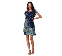 Koroshi Vestido Corto de Satén, Manga Corta, Escote Redondo, Cintura con Goma Elástica y Cierre con Botones en el Hombro, Estampado Tipo Pañuelo en Color Navy, de Color Navy, Talla L