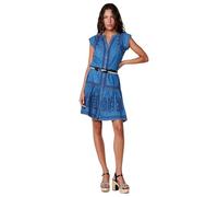 Koroshi Vestido Holgado hasta la Rodilla en Chambray Efecto Denim con Cuello Mao, Botones Metálicos y Bordados Étnicos en Azul, de Color Azul Med, Talla XS