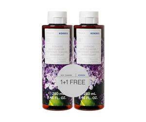 KORRES LILAC Juego de gel de ducha 1+1, gel de ducha revitalizante con aloe vera activo y aroma floral en beneficio, dermatológicamente probado y vegano, 2 x 250 ml