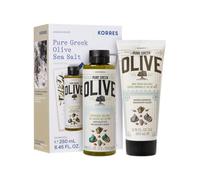KORRES OLIVE & SEA SALT Set de cuidado corporal: gel de ducha de 250 ml y leche corporal de 200 ml, cuidado nutritivo con extracto de oliva y sal marina, para una piel fresca y cuidada, vegano