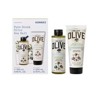 KORRES Set de cuidado personal Olive Sea Salt, para hombre y mujer, aroma aromático de sal marina combinado con aroma de oliva, gel de ducha de 250 ml y leche corporal de 200 ml, sin silicona ni