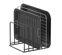 KORRTFID Organizador de gabinete de cocina, soporte de acero para utensilios de cocina, soporte dividido con 5 ranuras para sartenes, bandeja de hornear y estante para tabla de cortar, soporte de
