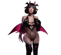 KORURACLUB Disfraz de súcubo (conjunto de 6 piezas) Lencería de cosplay de PU negra de primera calidad para mujer Lencería de diablo de alas rojas (L)