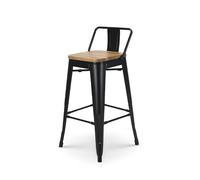 Kosmi - Chaise de Bar, Tabouret Moyen Style industriel Avec Petit dossier en métal Noir Mat et assise en Bois Naturel Clair, assise Hauteur 66cm