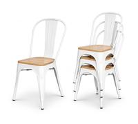 Kosmi Silla Industrial Blanca de Metal y Madera - Estilo Factory Vintage - Asiento de Madera Natural - Silla para Comedor, Cocina, Restaurante y Cafetería - Apilable y Resistente
