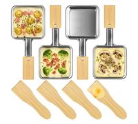 KOSMOSTA Mini parrilla de acero inoxidable para raclette, forma cuadrada, sin revestimiento, bandeja de queso, raclette, mini sartén de repuesto con espátulas de bambú (4 piezas/juego)