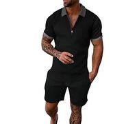 kosopse Conjunto de camisa con cuello y pantalones cortos para hombre, conjunto de verano casual de manga corta para hombre, 2 pantalones cortos, conjunto de chándal de manga larga, gris, M