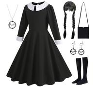 Kosplay Disfraz de Miércoles Addams para Niña Miércoles Cosplay Costume con Peluca y Accesorios Vestido de Gótico Negro Navidad Halloween Carnaval Fiesta Etapa Rendimiento Disfraces Chica 110-160