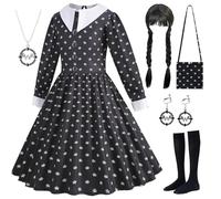 Kosplay Disfraz de Miércoles Addams para Niña Miércoles Cosplay Costume con Peluca y Accesorios Vestido de Gótico Negro Navidad Halloween Carnaval Fiesta Etapa Rendimiento Disfraces Chica 110-160