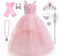 Kosplay Niña Disfraz de Glinda con Accesorios Vestido de Noche Rosa Disfraz de Wicked Costume Bruja Buena Glinda Cosplay Vestido de Princesa Navidad Halloween Carnaval Fiesta Disfraces Chica 110-160