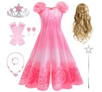 Kosplay Niña Disfraz de Glinda con Accesorios y Pelucas Vestido de Noche Rosa Disfraz de Wicked Costume Bruja Buena Glinda Cosplay Vestido de Princesa Navidad Halloween Carnaval Fiesta Chica 110-150