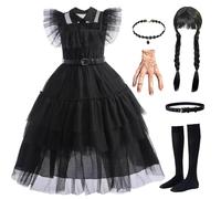 Kosplay Niña Disfraz de Miércoles Addams con Peluca y Accesorios Miércoles Cosplay Costume Vestido de Baile Gótico Negro Navidad Halloween Carnaval Fiesta Etapa Rendimiento Disfraces Chica 100-160