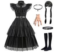 Kosplay Niña Disfraz de Miércoles Addams con Peluca y Accesorios Miércoles Cosplay Costume Vestido de Baile Gótico Negro Navidad Halloween Carnaval Fiesta Etapa Rendimiento Disfraces Chica 110-160