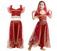 Kosplay Niñas Disfraz de Princesa Jazmín con Accesorios Vestido de Aladdin Princesa Vestido de Jasmine Danza del Vientre Cumpleaños Fiesta Navidad Halloween Carnaval Cosplay Chica Verde/Rojo S-XL