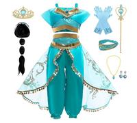 Kosplay Niñas Disfraz de Princesa Jazmín con Peluca y Accesorios Vestido de Aladdin Princesa Vestido de Jasmine Danza del Vientre Cumpleaños Fiesta Navidad Halloween Carnaval Cosplay Chica 100-150