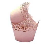 KOSTOO 50 envoltorios para magdalenas, diseño de corona para hornear, papel de encaje cortado con láser, para hornear, magdalenas para decoración de bodas, fiestas, cumpleaños (rosa claro)