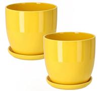 KOTARBAU® 2 x Maceteros con Plato de cerámica esmaltada, 13 cm, Maceta Amarilla, Tiesto Decorativo para Plantas, Maceta con Plato y Orificio de Drenaje, Reflejo Brillante, Macetas de Ceramica 2 UDS