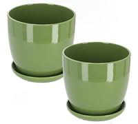 KOTARBAU® 2 x Maceteros con Plato de cerámica esmaltada, 13 cm, Maceta Verde, Tiesto Decorativo para Plantas, Maceta con Plato y Orificio de Drenaje, Reflejo Brillante, Macetas de Ceramica 2 UDS