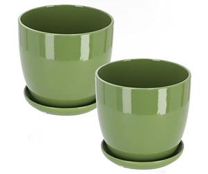 KOTARBAU® 2 x Maceteros con Plato de cerámica esmaltada, 13 cm, Maceta Verde, Tiesto Decorativo para Plantas, Maceta con Plato y Orificio de Drenaje, Reflejo Brillante, Macetas de Ceramica 2 UDS