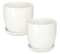 KOTARBAU® 2 x Maceteros con Plato de cerámica esmaltada, 15 cm, Maceta Blanca, Tiesto Decorativo para Plantas, Maceta con Plato y Orificio de Drenaje, Efecto Espejo, Reflejo Brillante, Macetas 2 UDS