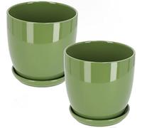 KOTARBAU® 2 x Maceteros con Plato de cerámica esmaltada, 15 cm, Maceta Verde, Tiesto Decorativo para Plantas, Maceta con Plato y Orificio de Drenaje, Efecto Espejo, Reflejo Brillante, Macetas 2 UDS