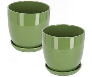 KOTARBAU® 2 x Maceteros con Plato de cerámica esmaltada, 15 cm, Maceta Verde, Tiesto Decorativo para Plantas, Maceta con Plato y Orificio de Drenaje, Efecto Espejo, Reflejo Brillante, Macetas 2 UDS