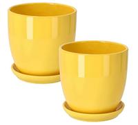 KOTARBAU® 2 x Maceteros con plato de cerámica esmaltada, 16 cm, Maceta amarilla, Tiesto decorativo para plantas, Maceta con plato y orificio de drenaje, Efecto espejo, Reflejo brillante, Macetas 2 UDS