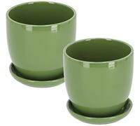 KOTARBAU® 2 x Maceteros con Plato de cerámica esmaltada, 20 cm, Maceta Verde, Tiesto Decorativo para Plantas, Maceta con Plato y Orificio de Drenaje, Reflejo Brillante, Macetas de Ceramica 2 UDS