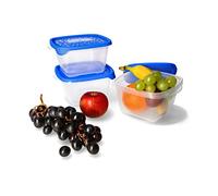 KOTARBAU® 3 x Recipiente de plástico para comida, 1100 ml, Fiambrera, Contenedor cuadrado, Tupper para almacenamiento de alimentos, Taper, Cierre hermético, Transparente con tapa azúl, 3 UNIDADES
