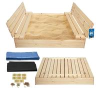 KOTARBAU® Arenero con cubierta, 140 x 140 cm, color natural, grande, de madera, arenero con asiento y tapa, juguete de jardín para niños, impregnado y cierre con bancos