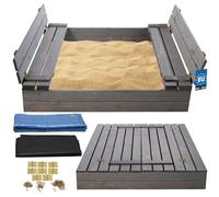 KOTARBAU® Arenero Infantil, Arenero Niños, Madera de Pino, 120 x 120 cm | Gris, con Tapa, Cajón de Arena, para Niños Exterior, con Bancos, Velo Antihierbas, Imprimado, Resistente