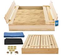 KOTARBAU® Arenero Infantil - con Tapa - Arenero Niños - Madera de Pino - 100 x 100 cm - Natural - Cajón de Arena - para Niños Exterior - con Bancos - Velo Antihierbas - Resistente