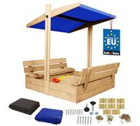 KOTARBAU® Arenero Infantil - Madera - 100 x 100 cm - Natural - Arenero con Tapa - y Bancos - con Techo Azul - Protección Solar - Cajón de Arena - Zona de Arena Infantil